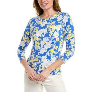 J. McLaughlin Blue Yellow Floral Catalina Pullover Stretch Blouse Top